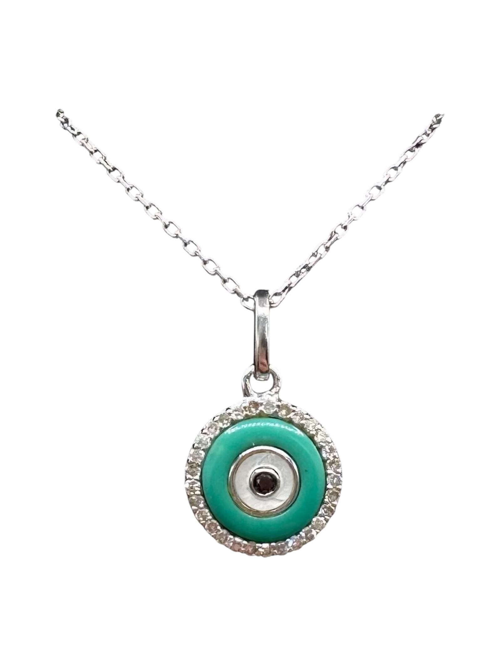 14k White Gold Diamond Evil Eye Necklace 0.10ct Enamel 18.5in